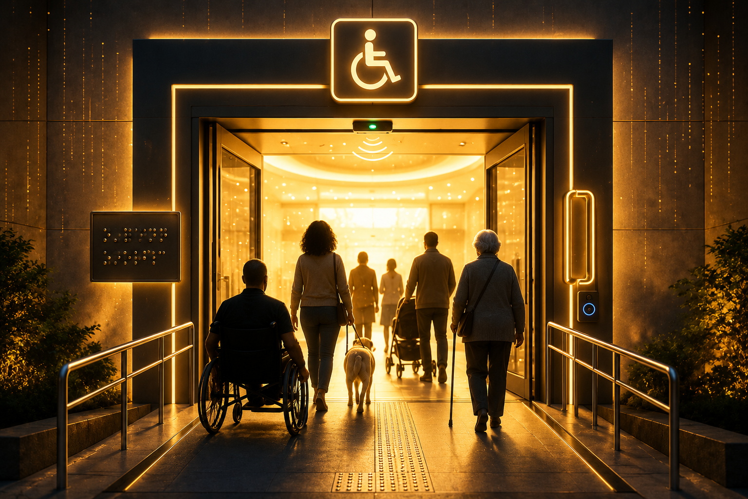 A grand accessible doorway — wide ramp, braille signage, automatic sensor, diverse silhouettes entering together through the same door