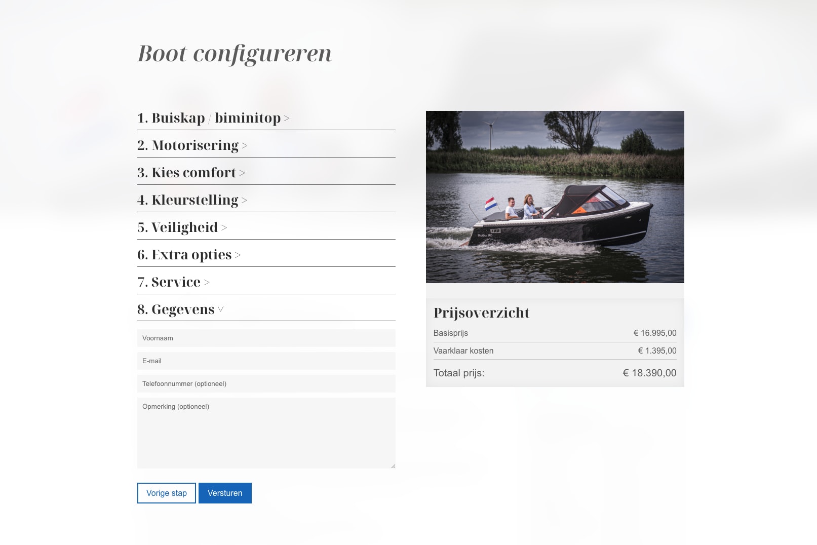 Diagram dat verschillende configuratieopties voor bootindelingen en -uitrusting laat zien