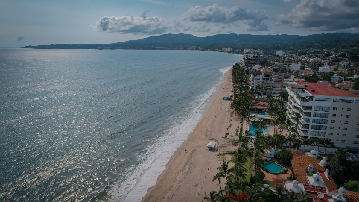 Aerial view of the beach and Pacific Ocean coastline near Puerto Escondido, Oaxaca, Mexico