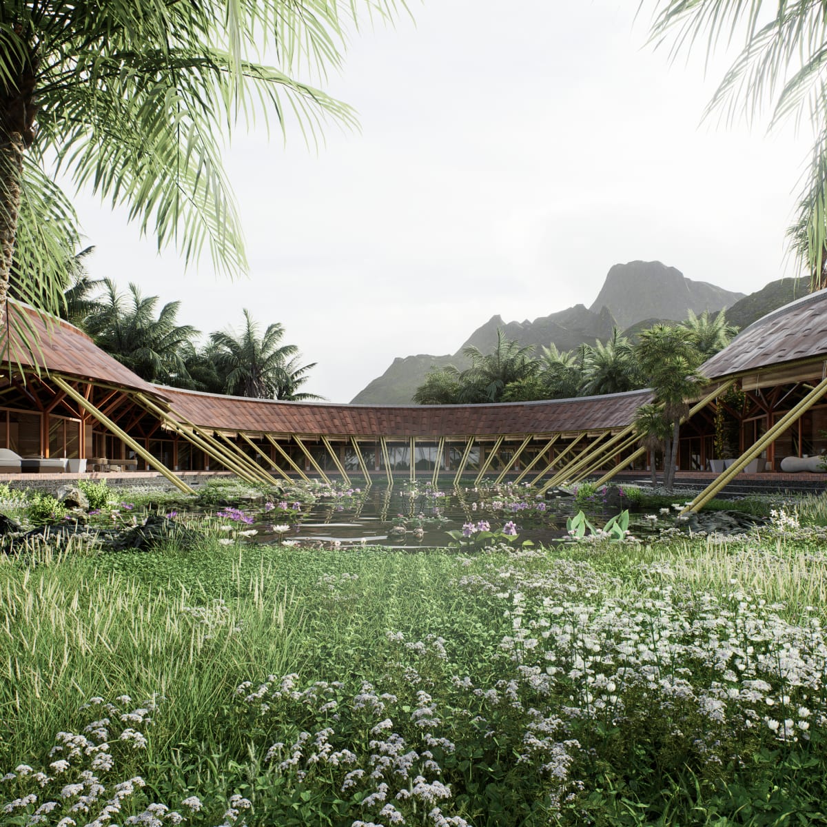 Resort ecológico con arquitectura de bambú y vegetación tropical exuberante — el lenguaje de diseño de los desarrollos sustentables cerca de Puerto Escondido Oaxaca