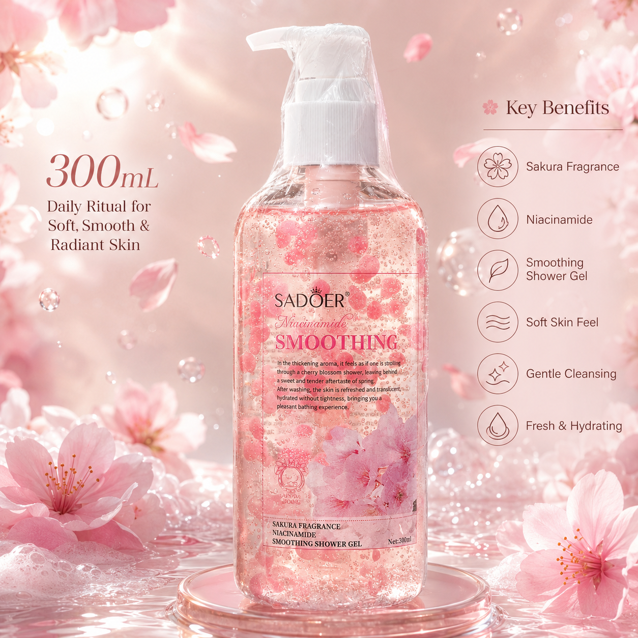 SADOER Niacinamide Smoothing Shower Gel – Sakura Fragrance Body Wash (300ml)
