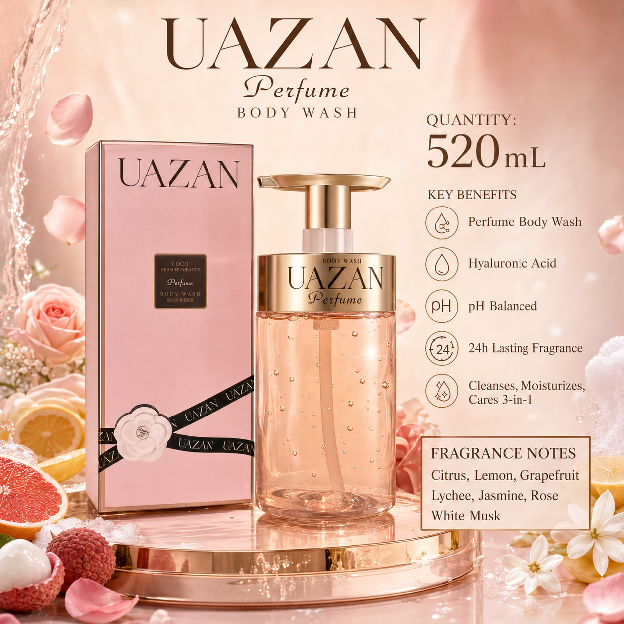 UAZAN Perfume Body Wash – Coco Dream Fragrance with Hyaluronic Acid (520ml)