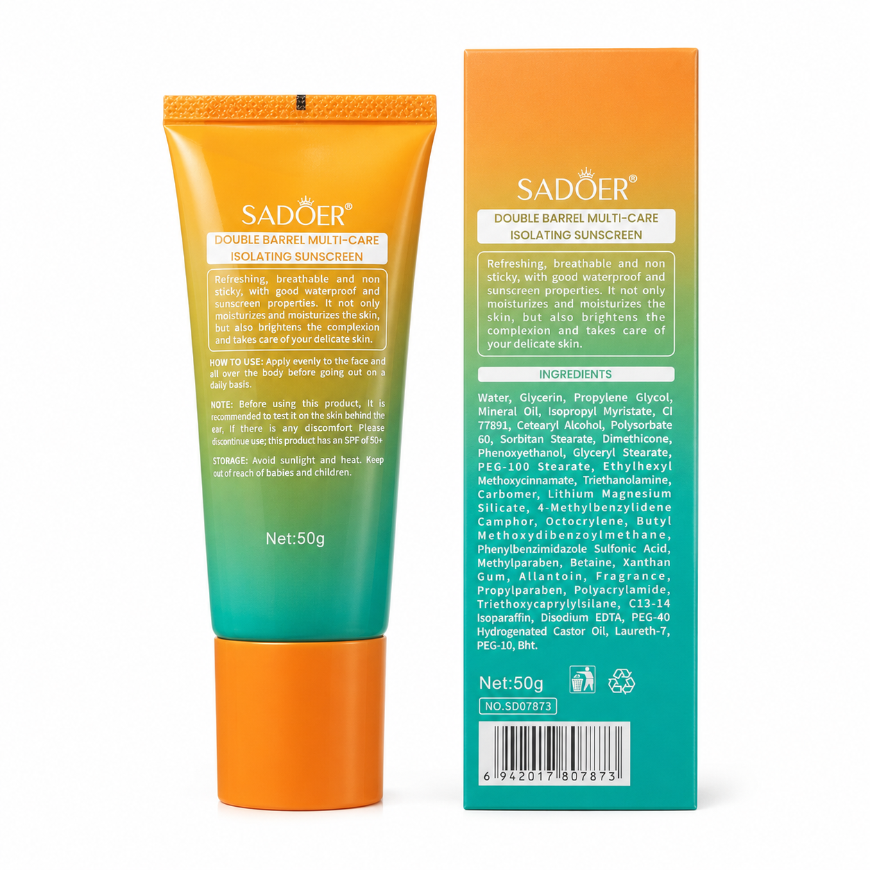 SADOER Protection Isolation Sunscreen SPF 50+ PA+++ – Waterproof UV Protection Sunscreen (50g)