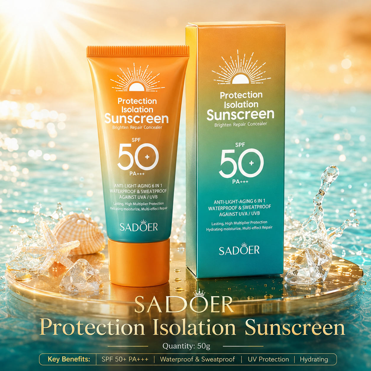 SADOER Protection Isolation Sunscreen SPF 50+ PA+++ – Waterproof UV Protection Sunscreen (50g)