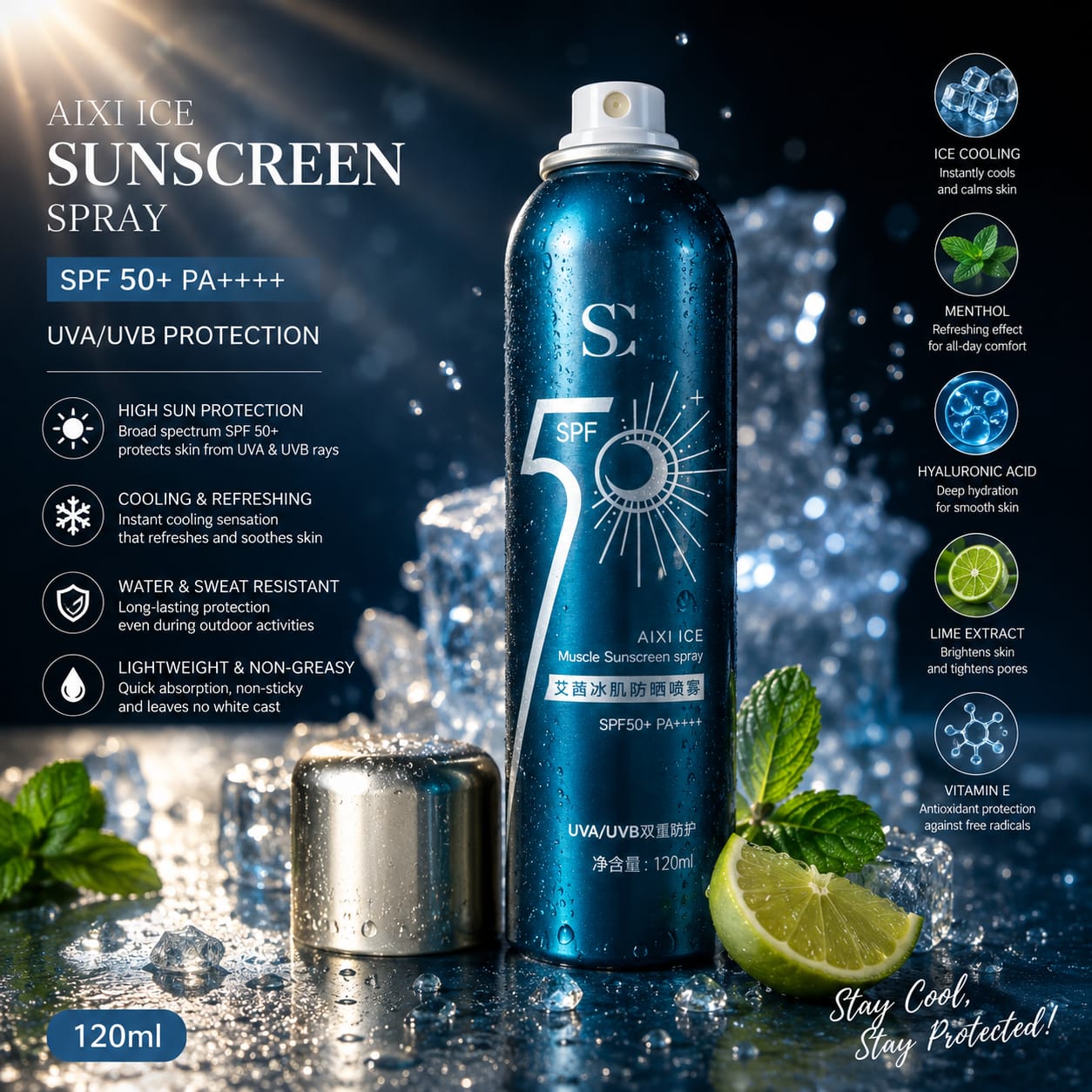 SAINSCO Ice Cooling Sunscreen Spray SPF 50+ PA++++ – Refreshing UV Protection Spray (120ml)