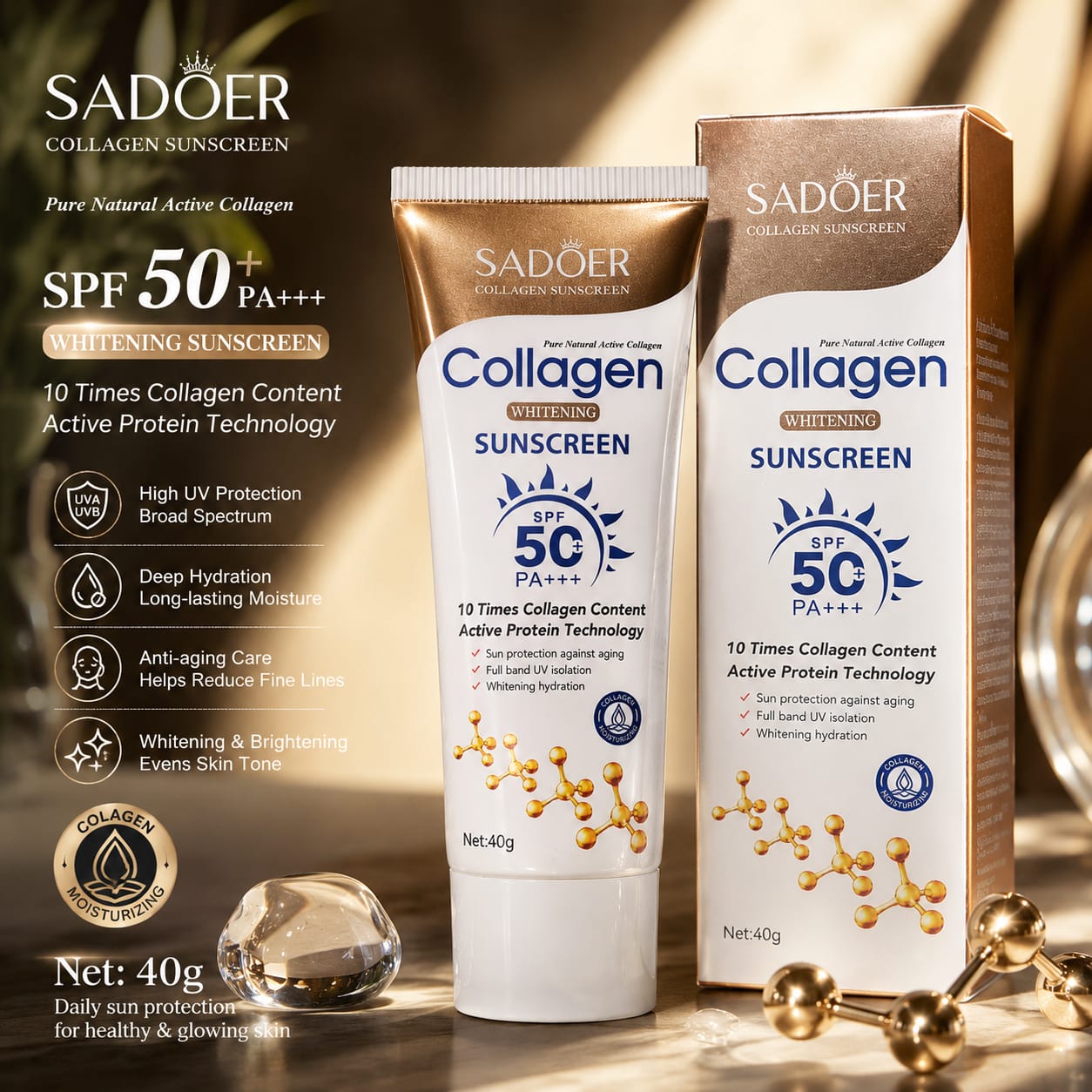 SADOER Collagen Whitening Sunscreen SPF 50+ PA+++ – Anti-Aging & Moisturizing Sun Protection (40g)