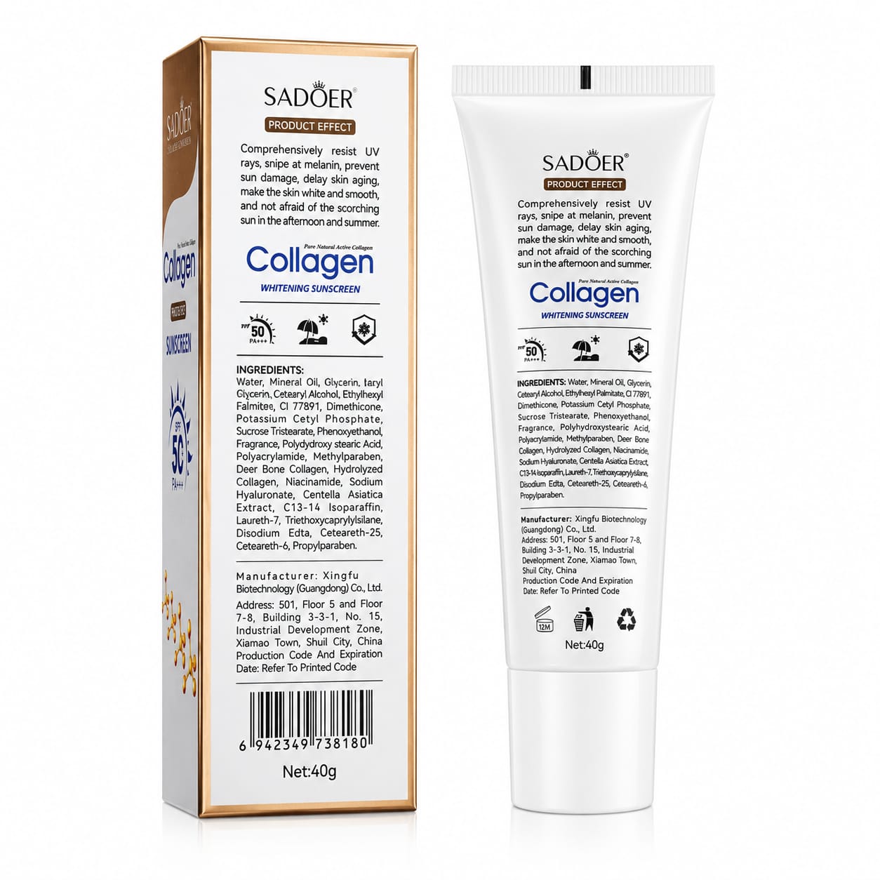 SADOER Collagen Whitening Sunscreen SPF 50+ PA+++ – Anti-Aging & Moisturizing Sun Protection (40g)