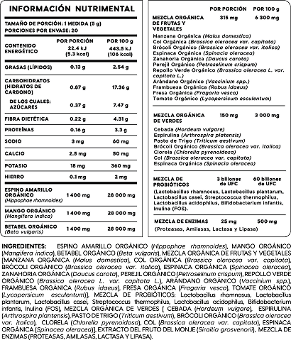 Mezcla Orgánica de Verdes 100g — Tabla Nutrimental