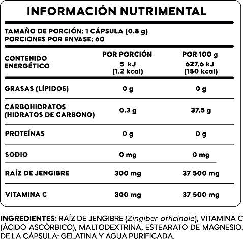 Vitamina C con Jengibre 60 Cápsulas — Tabla Nutrimental
