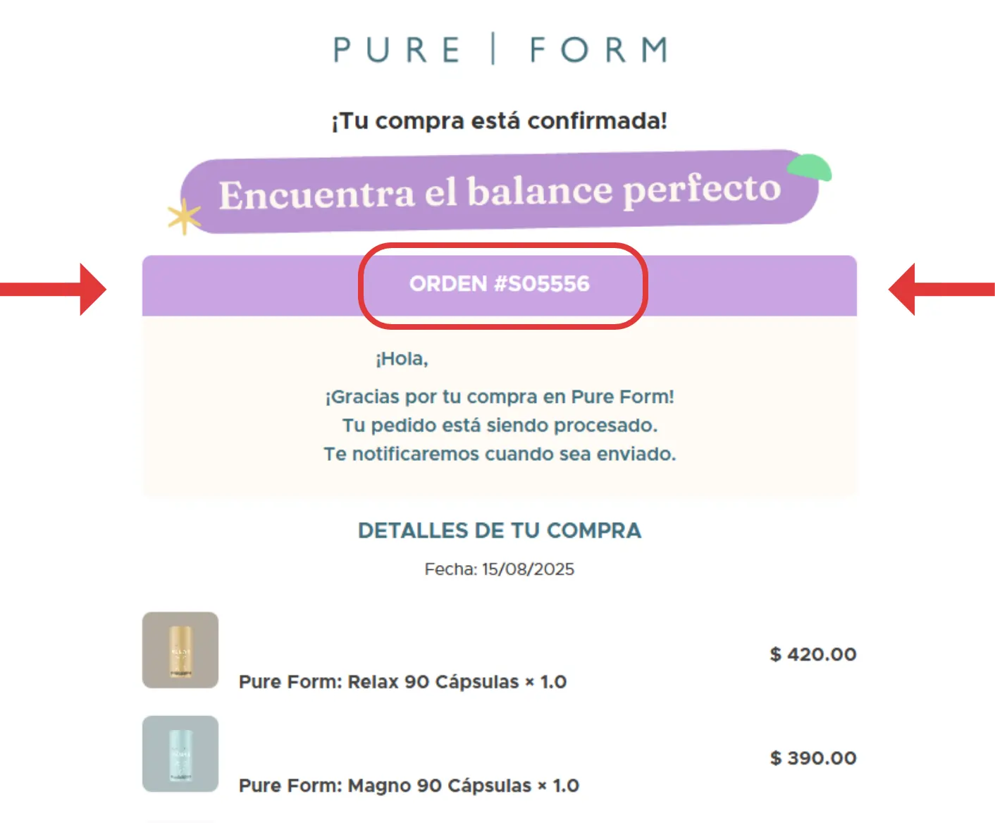 Ejemplo de dónde encontrar tu número de pedido en el correo