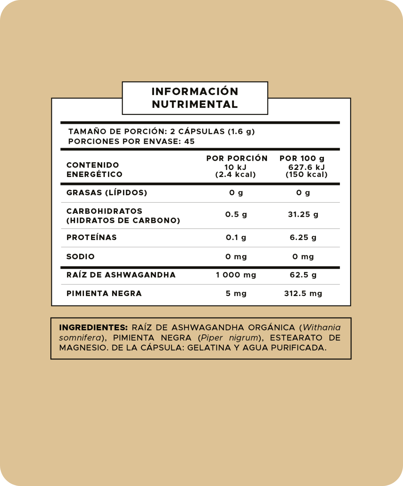 Tabla nutrimental Relax 90 Cápsulas