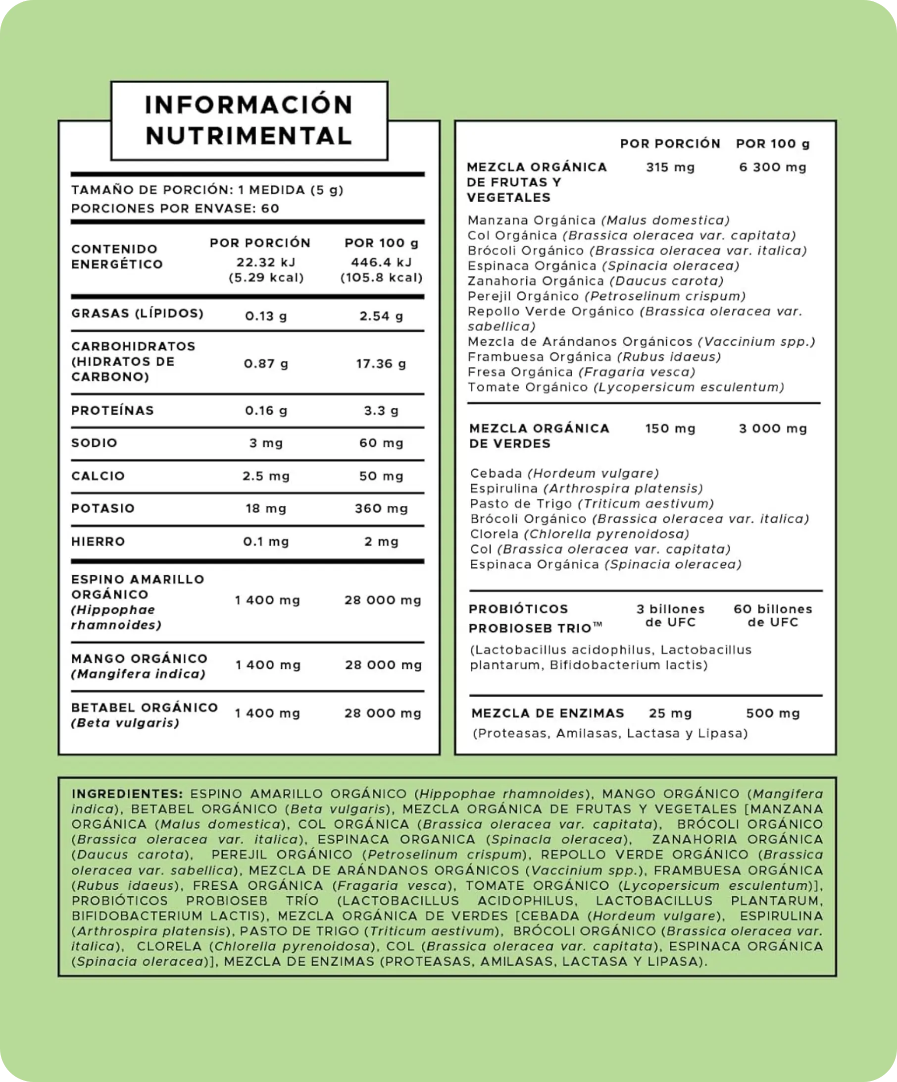 Tabla nutrimental Organic Green Mix