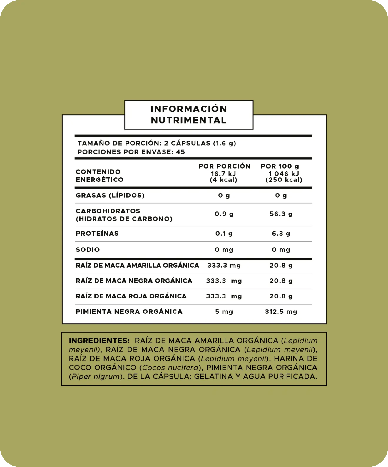Tabla nutrimental Maca 90 Cápsulas
