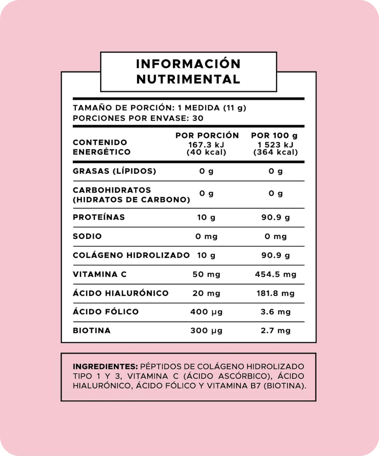 Tabla nutrimental Pure Form: Colágeno Hidrolizado