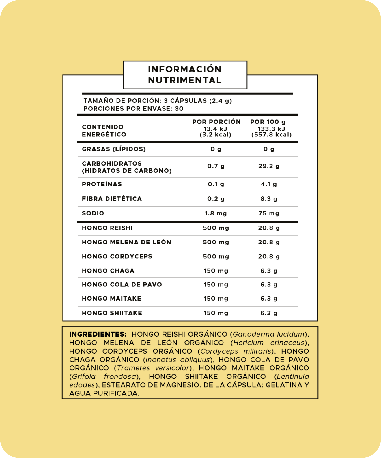 Tabla nutrimental Pure Form: Calma