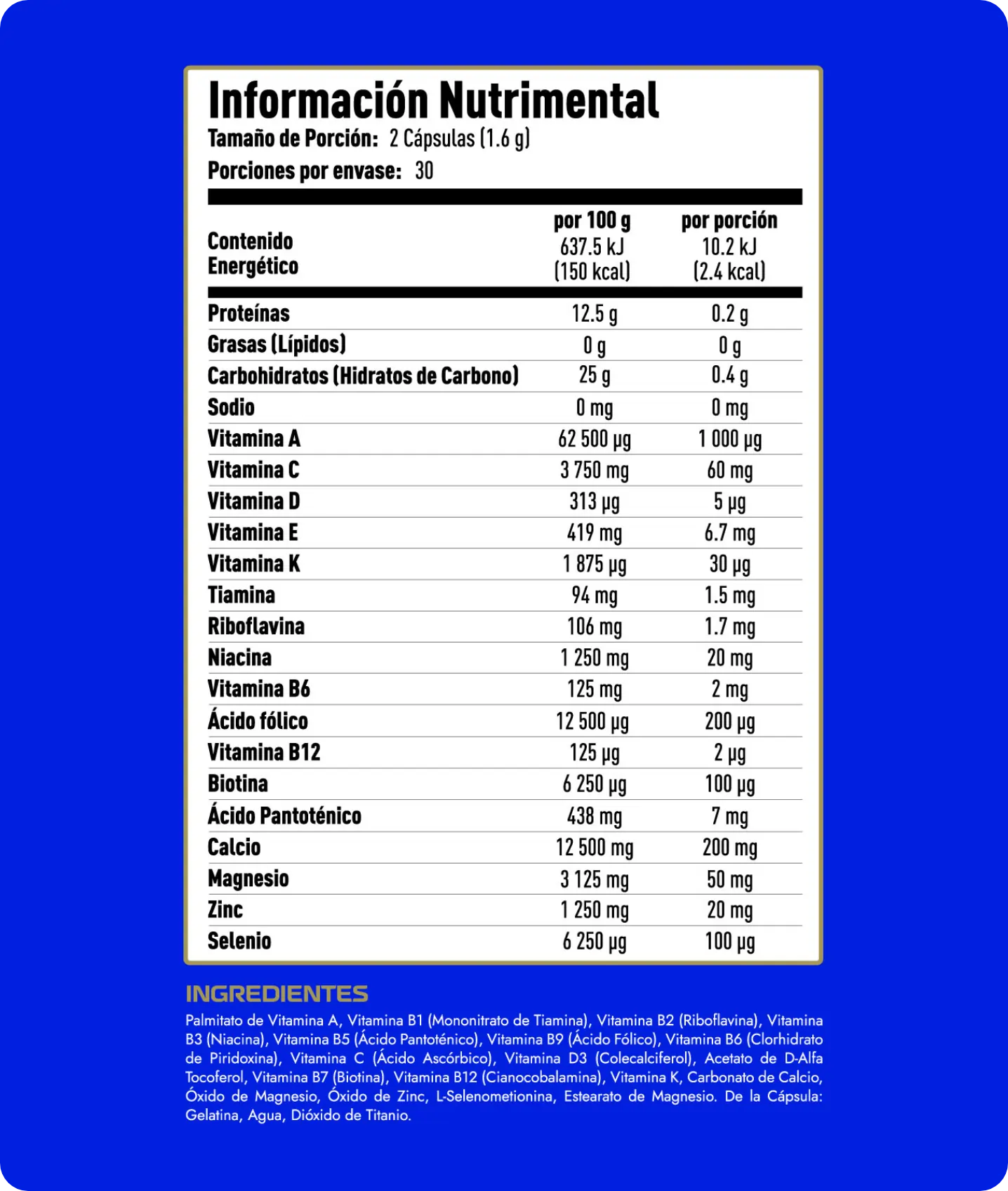 Tabla nutrimental Vita Plus multivitamínico