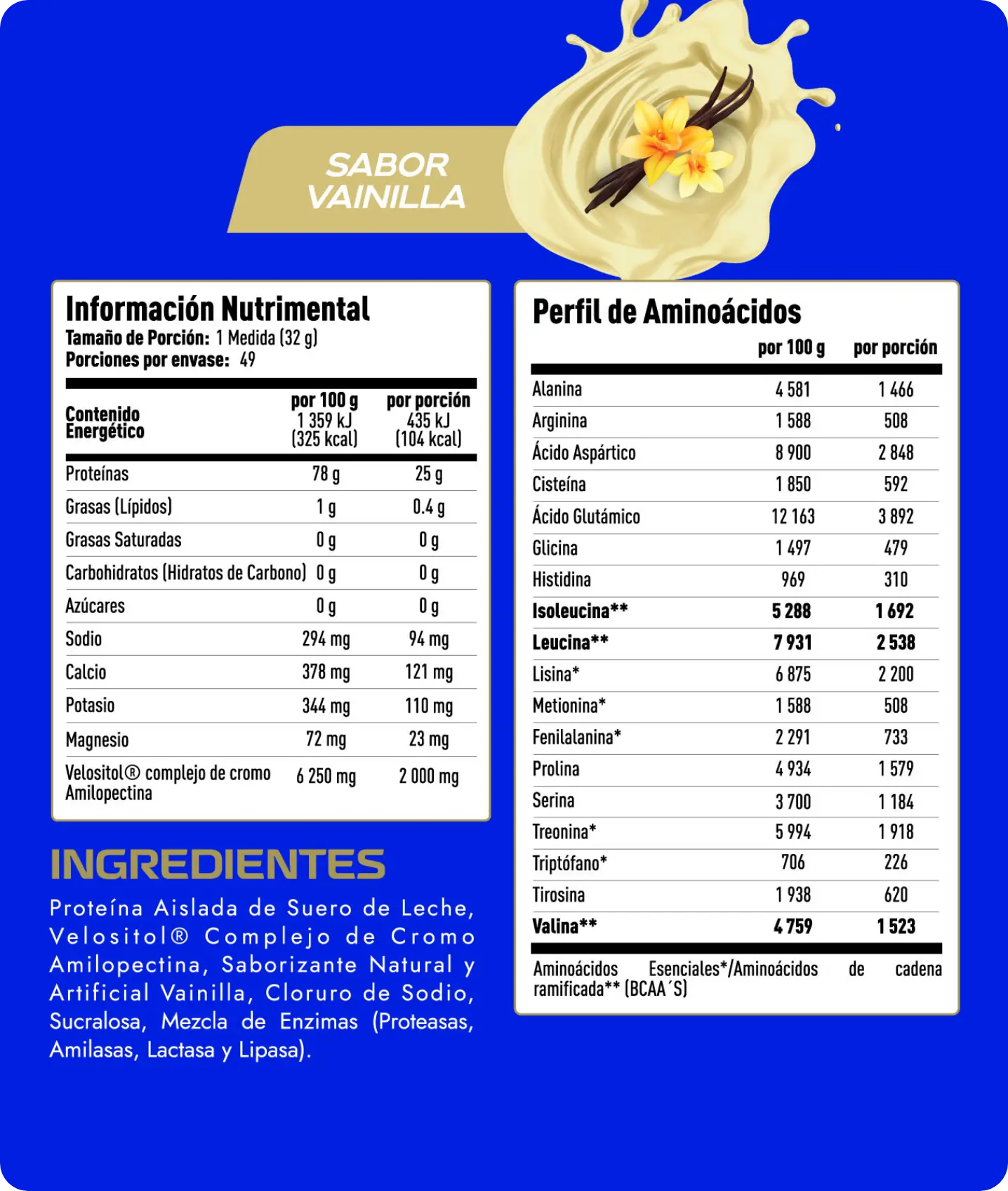 Tabla nutrimental de proteína aislada Premium Isolate sabor Vainilla 600g