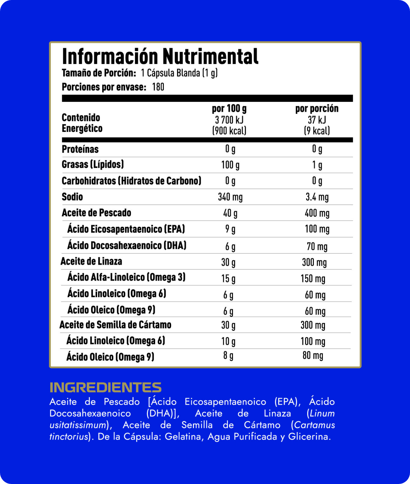 Tabla nutrimental de suplemento Omega 3-6-9 180 cápsulas