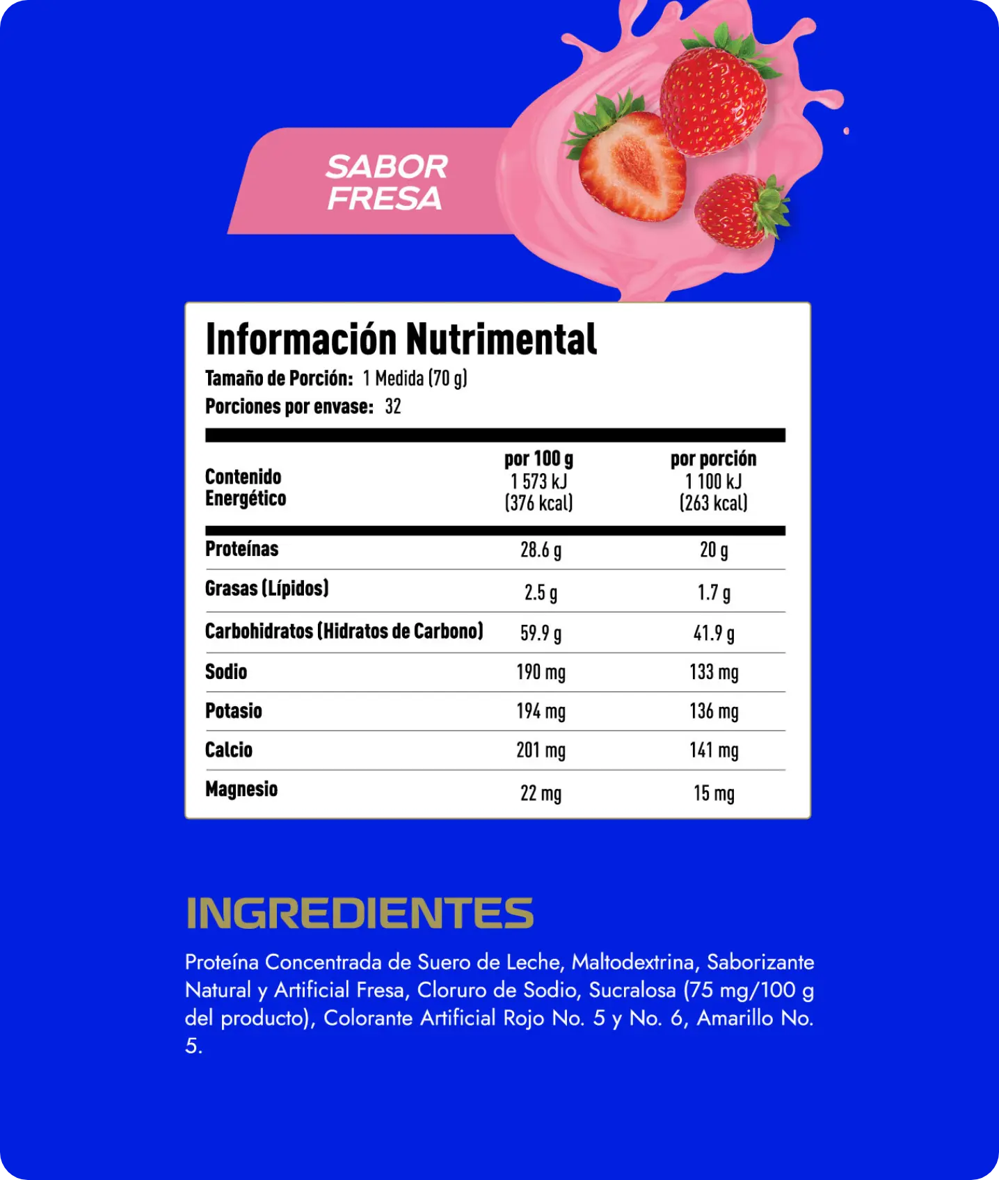 Tabla nutrimental de proteína Magro sabor fresa 5lb para crecimiento muscular