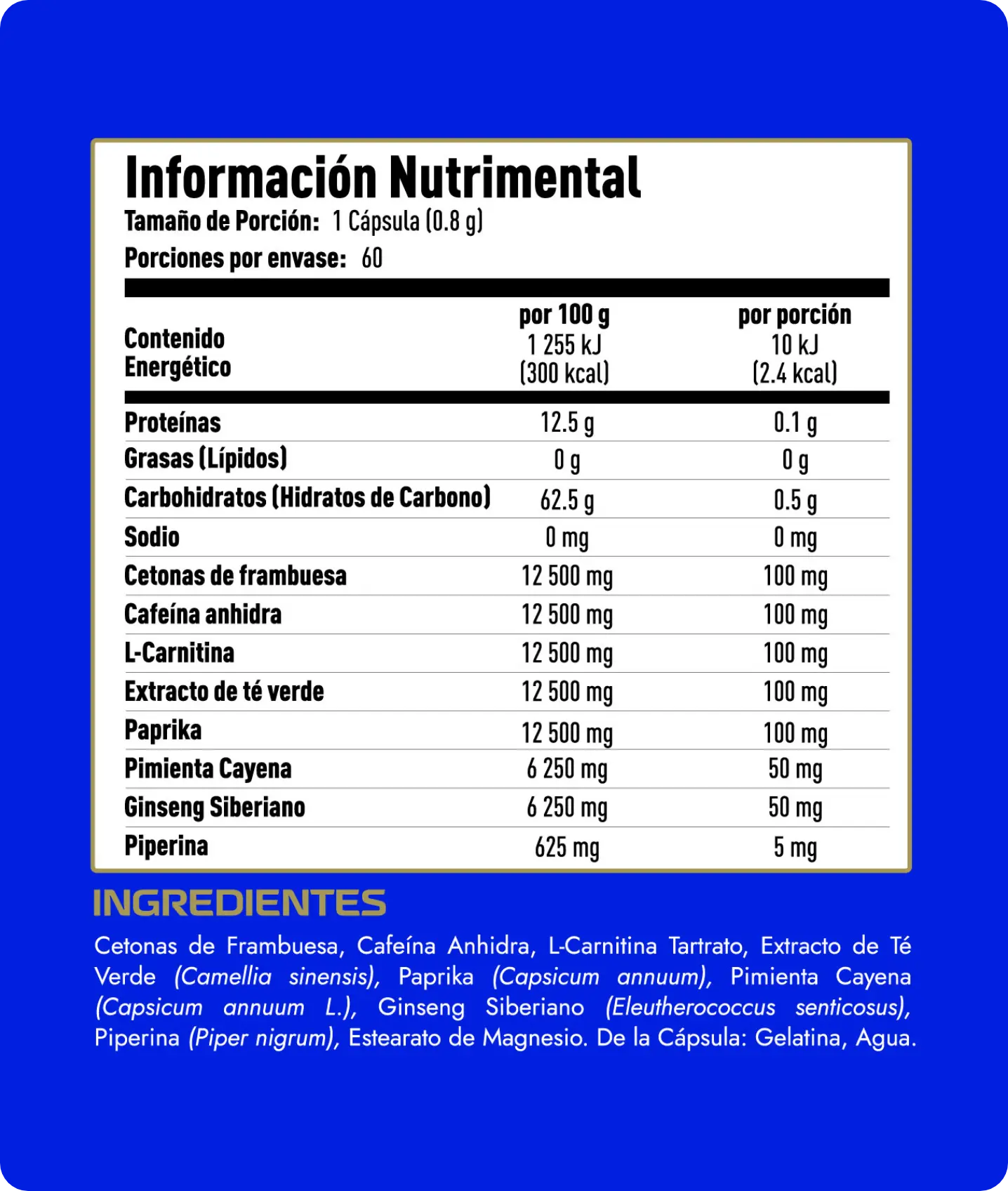 Tabla Nutrimental del quemador de grasa Lipo X 60 Cápsulas