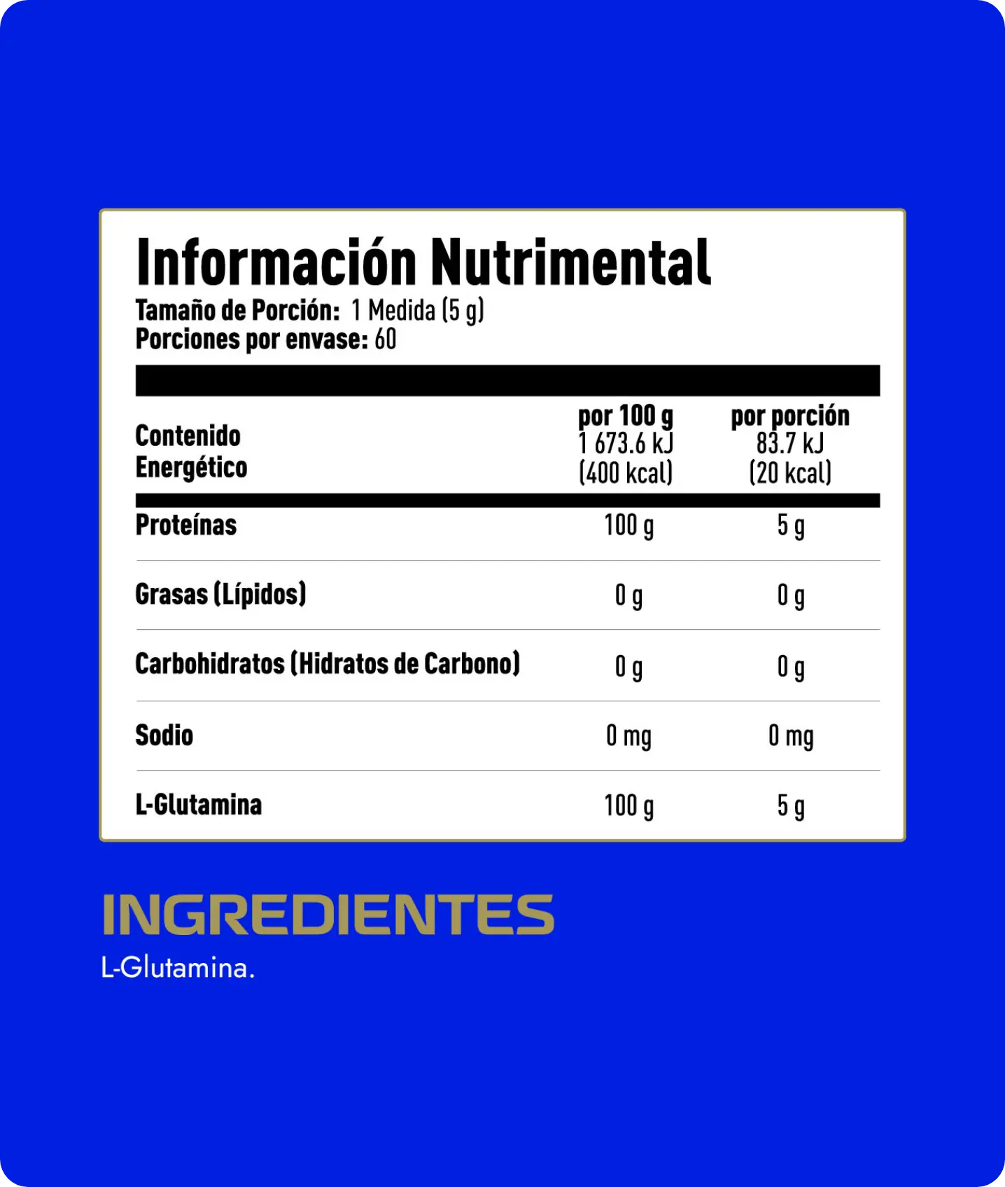 Información nutrimental L-glutamina aminoácido recuperación
