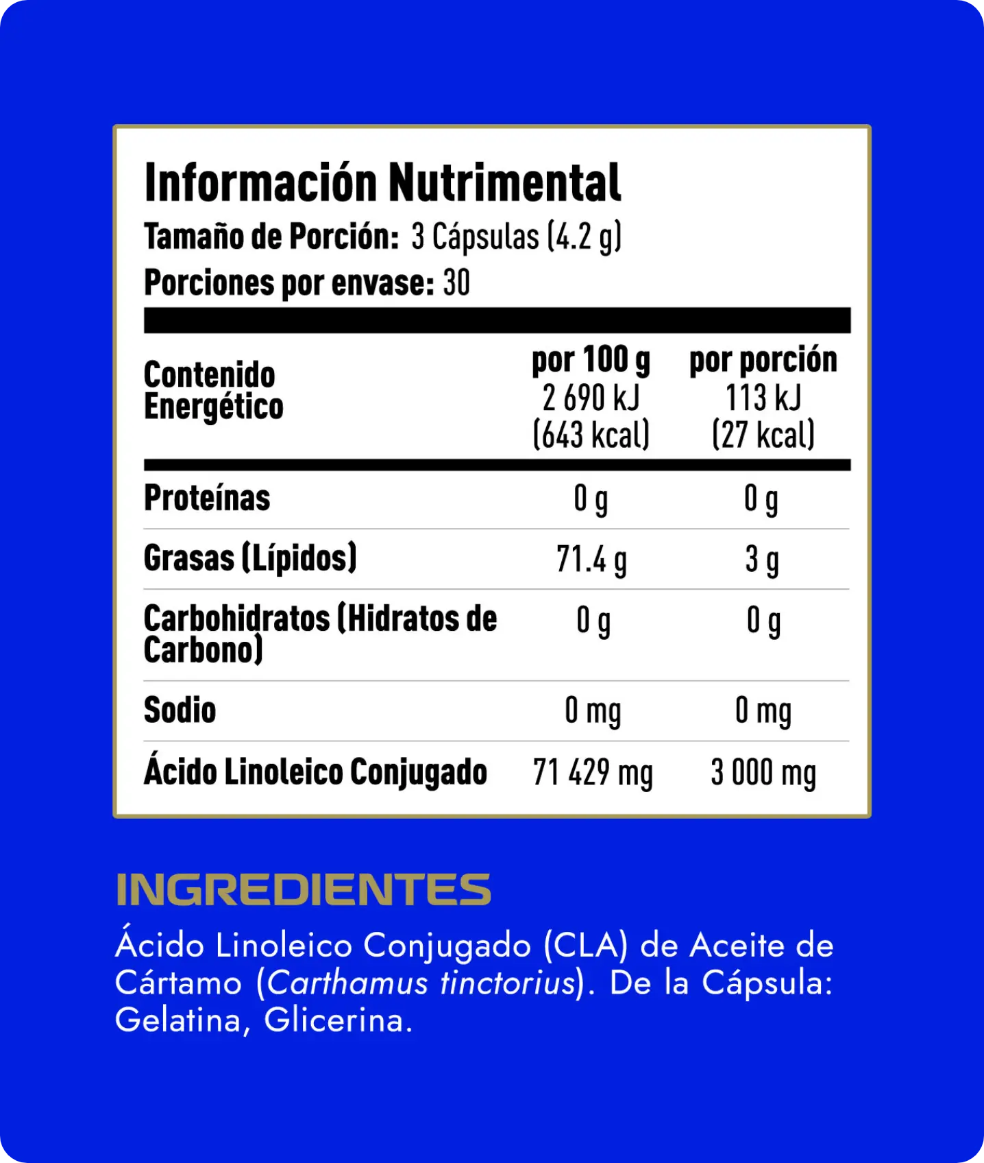 Información nutrimental CLA 90 cápsulas quemador de grasa