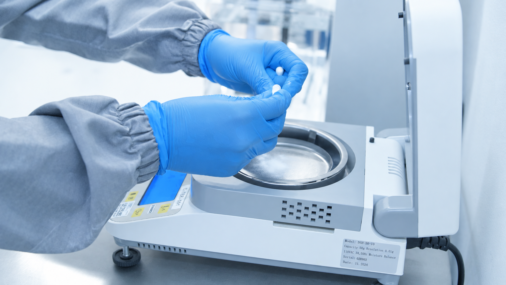 Control de calidad: manos con guantes azules revisando una muestra en la línea