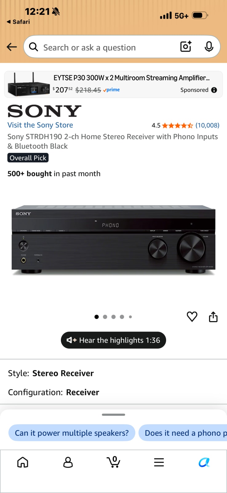 Sony STRDH190 2-ch Home Stereo Receiver with Phono Inputs & Bluetooth Black