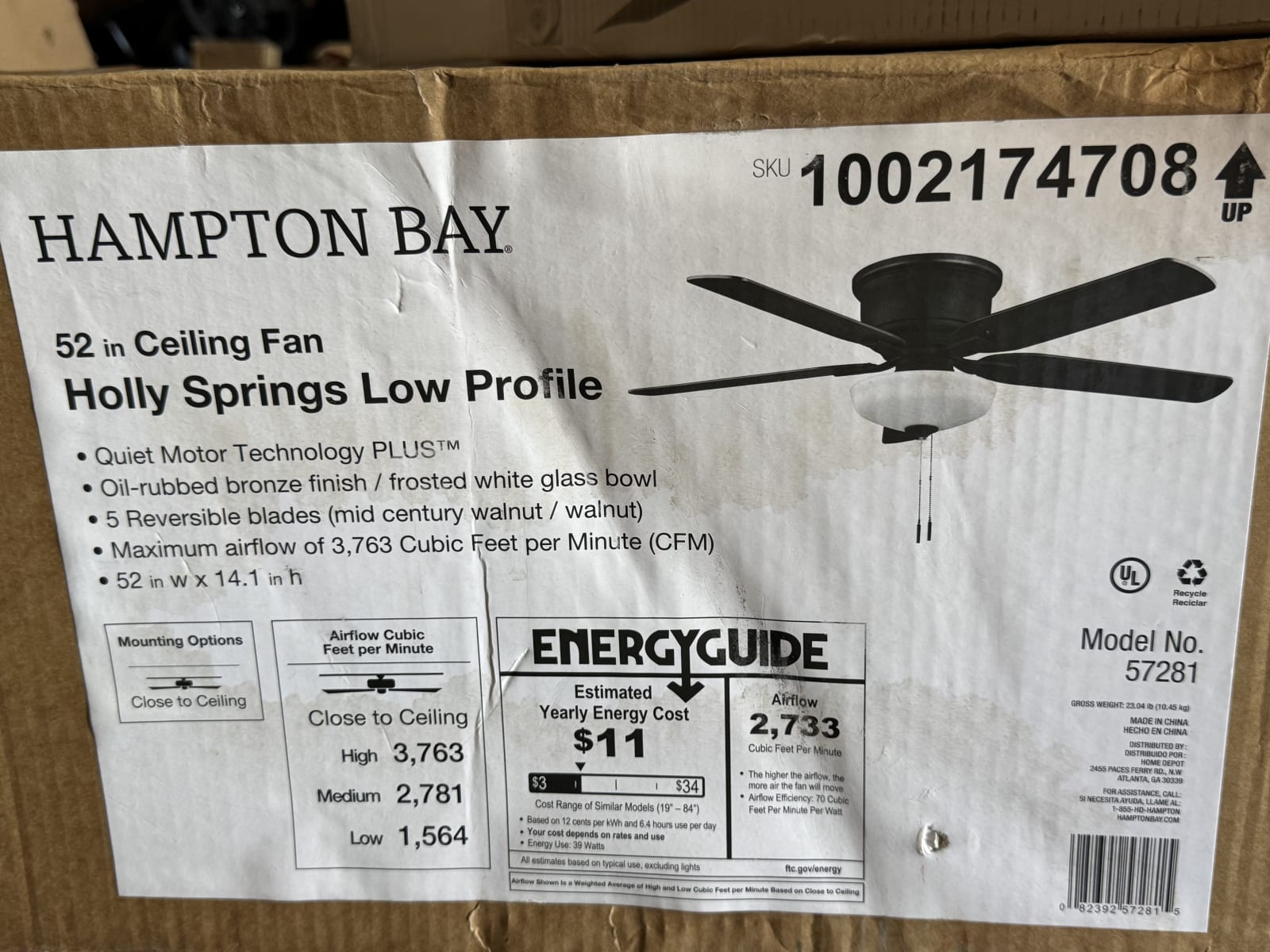 Hampton Bay Holly Springs Low Profile 52 in. LED Indoor Oil-Rubbed Bronze Ceiling Fan with Light Kit