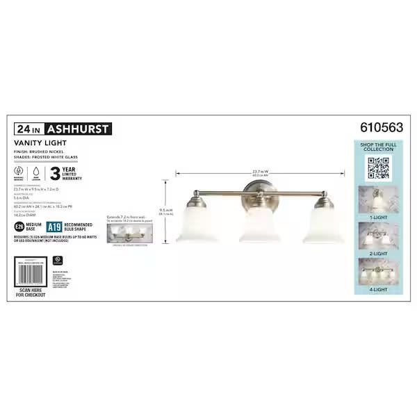 Ashhurst 3-Light Brushed Nickel Classic Traditional Bathroom Vanity Light with Frosted Glass Shades