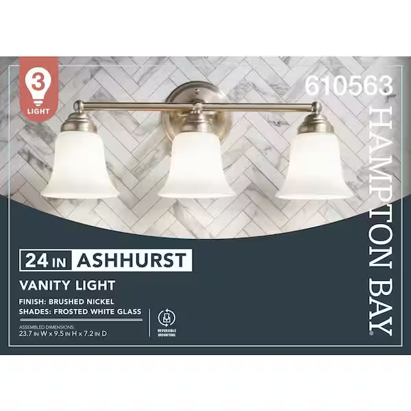 Ashhurst 3-Light Brushed Nickel Classic Traditional Bathroom Vanity Light with Frosted Glass Shades