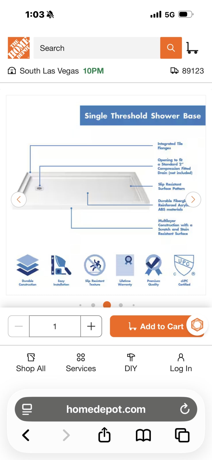 DreamLine Slim Line 42 in. L x 60 in. W Alcove Single Threshold Shower Pan Base with Right Drain in White