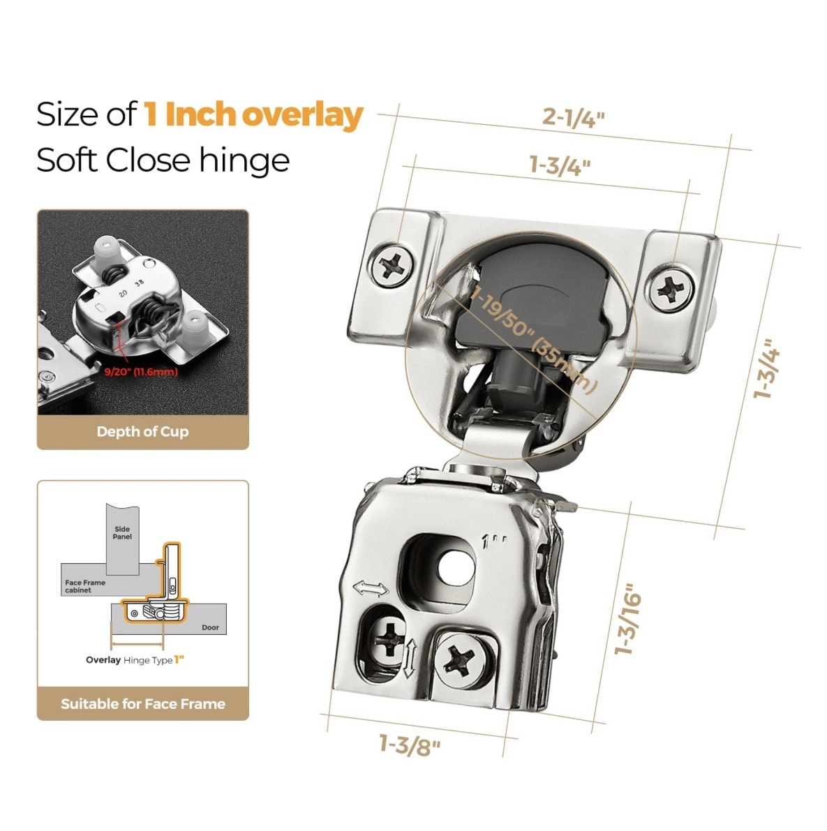 50 Pack 25 Pairs 1 Inch Overlay Soft Close Hinges For Kitchen Cabinet - Satin Nickel Hidden Concealed Hinge - Stainless Steel Self Closing