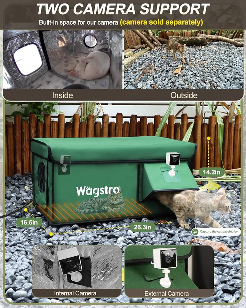 Heated Cat House for Outside, Waterproof Awning & Escape Door Heated Cat Houses for Indoor/Outdoor Cats in Winter, Elevated & Insulated Outd