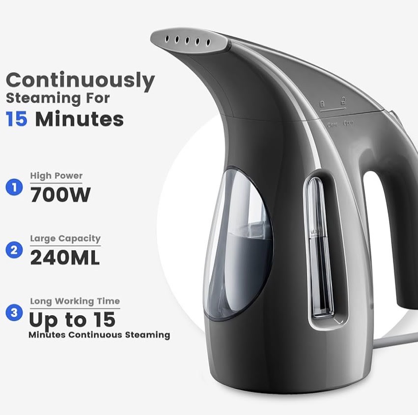 HiLIFE Steamer for Clothes, Portable Handheld Design, 240ml Big Capacity, 700W, Strong Penetrating Steam, Removes Wrinkle, for Home, Office(