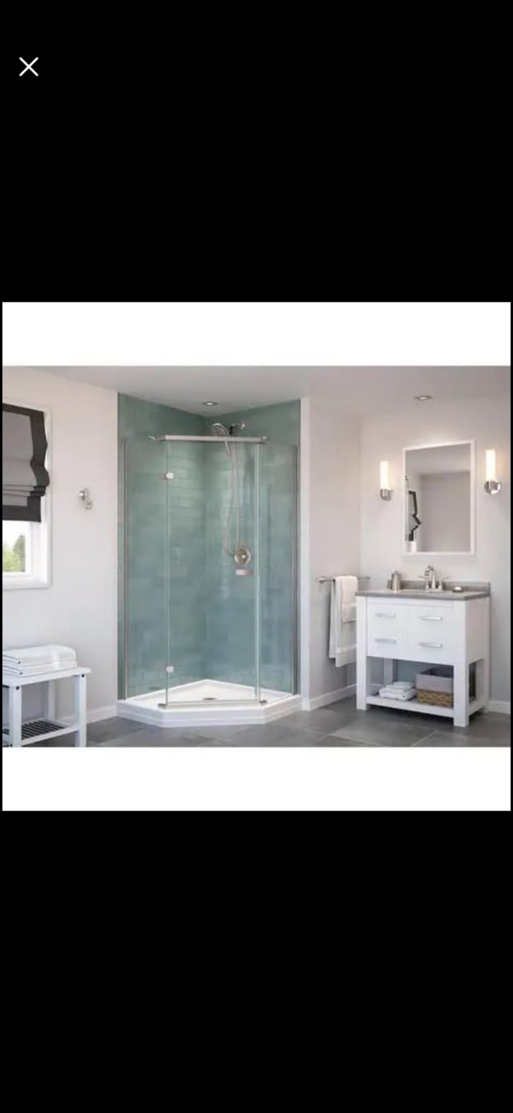 New Delta Neo-Angle Shower Base. 38 inch white. Has direct-to-stud installation and reinforced support for durability. Features a 4-inch low