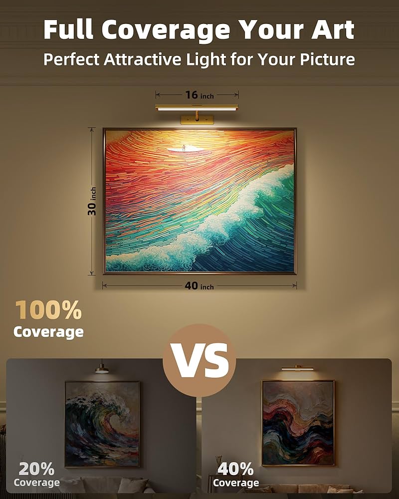 EZVALO Picture Light for Wall, 4800mAh Rechargeable Wireless Remote, 16in Dimmable Magnetic LED Art Display Light with 3 Color Temperatures,
