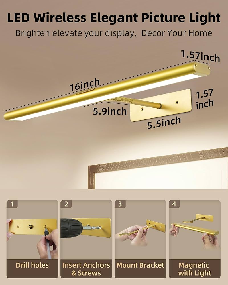 EZVALO Picture Light for Wall, 4800mAh Rechargeable Wireless Remote, 16in Dimmable Magnetic LED Art Display Light with 3 Color Temperatures,
