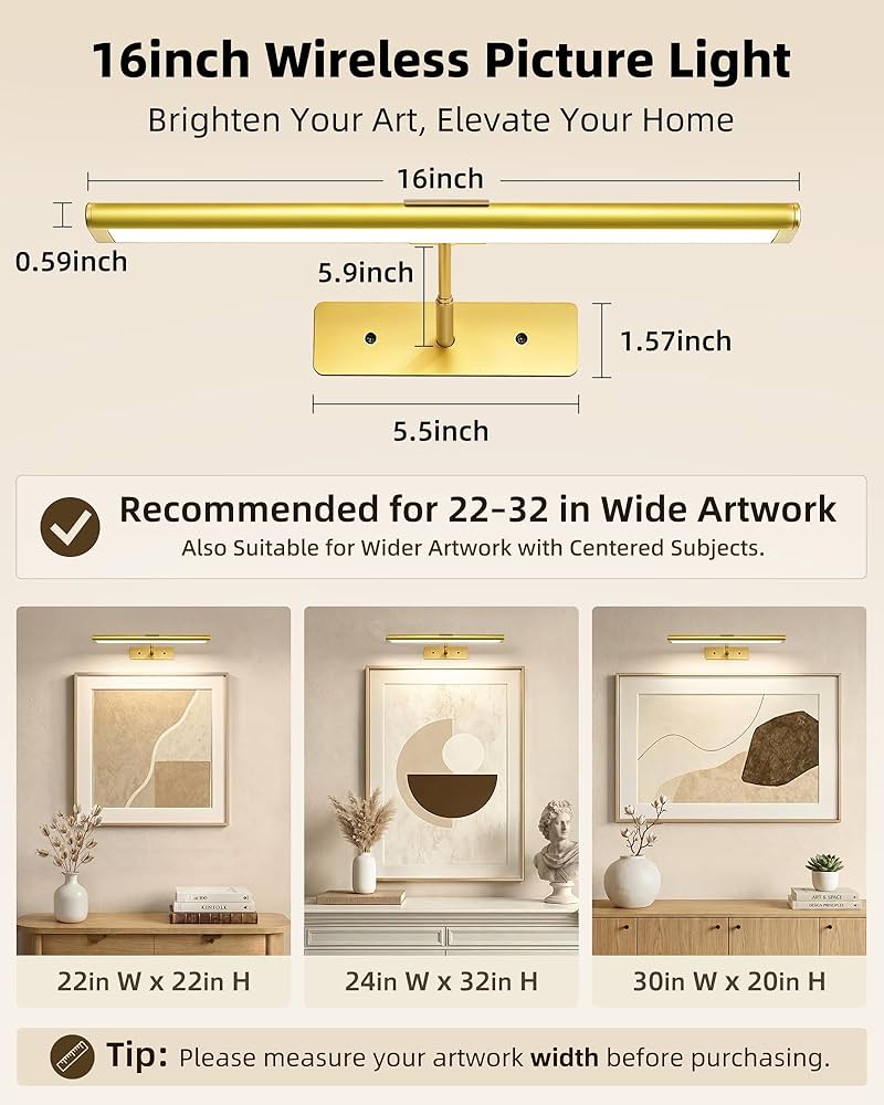 EZVALO Picture Light for Wall, 4800mAh Rechargeable Wireless Remote, 16in Dimmable Magnetic LED Art Display Light with 3 Color Temperatures,