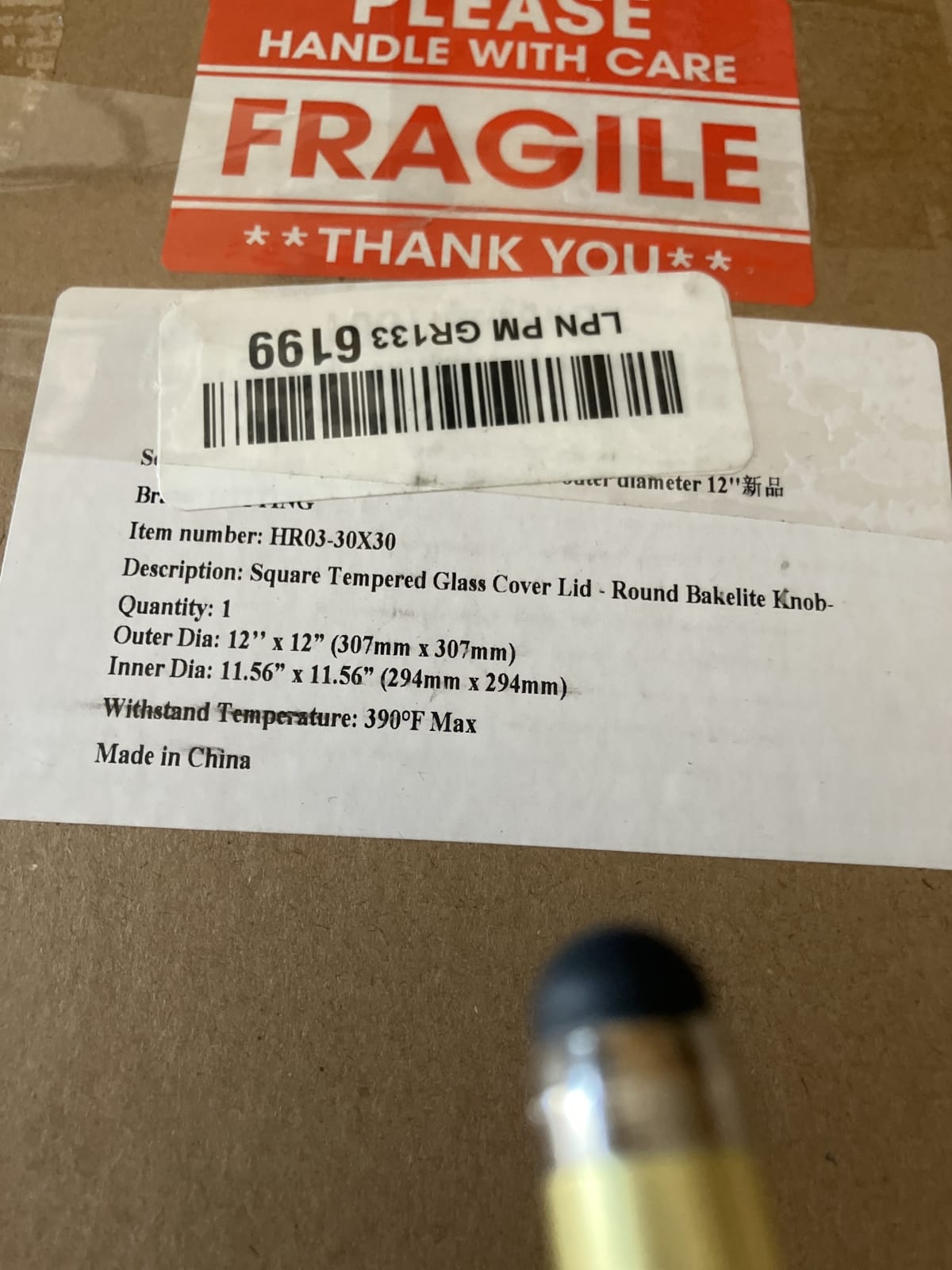 HRXG Square Tempered Glass Cover Lid - 12" x 12"