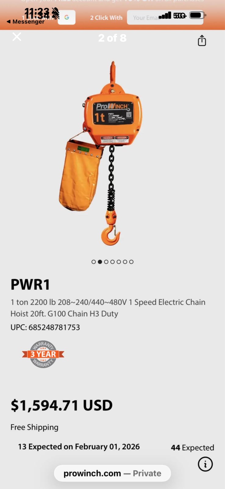Prowinch PWR1 1 ton 2200 lb 208~240|440~480V1 Speed Electric Chain Hoist 20ft. G100 Chain H3 Duty