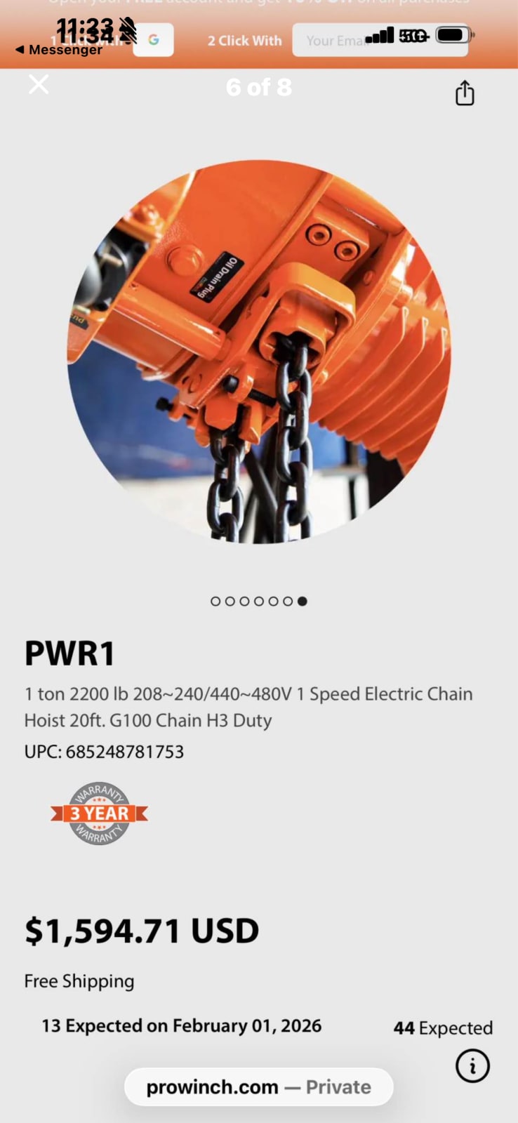 Prowinch PWR1 1 ton 2200 lb 208~240|440~480V1 Speed Electric Chain Hoist 20ft. G100 Chain H3 Duty