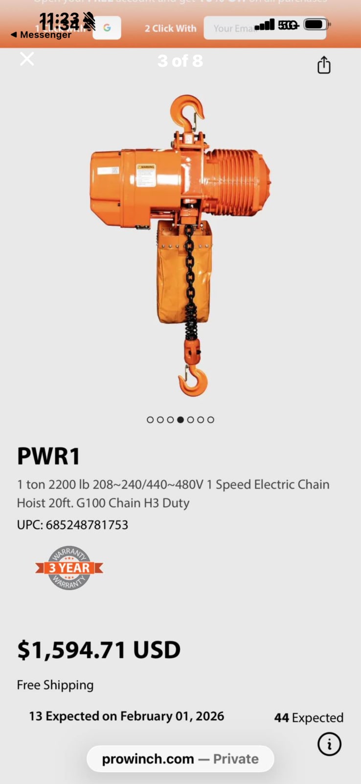 Prowinch PWR1 1 ton 2200 lb 208~240|440~480V1 Speed Electric Chain Hoist 20ft. G100 Chain H3 Duty