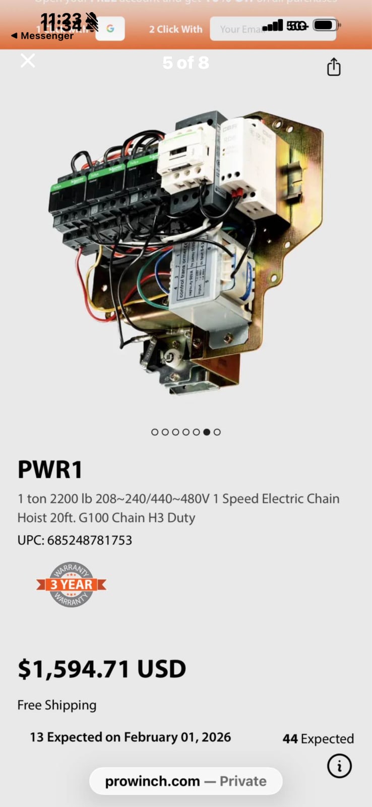 Prowinch PWR1 1 ton 2200 lb 208~240|440~480V1 Speed Electric Chain Hoist 20ft. G100 Chain H3 Duty