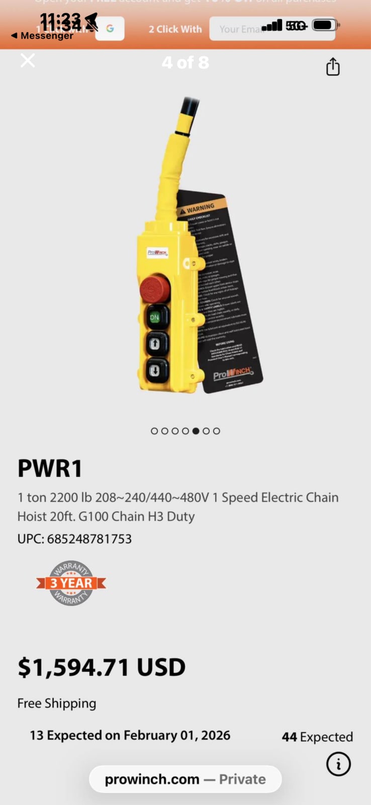 Prowinch PWR1 1 ton 2200 lb 208~240|440~480V1 Speed Electric Chain Hoist 20ft. G100 Chain H3 Duty