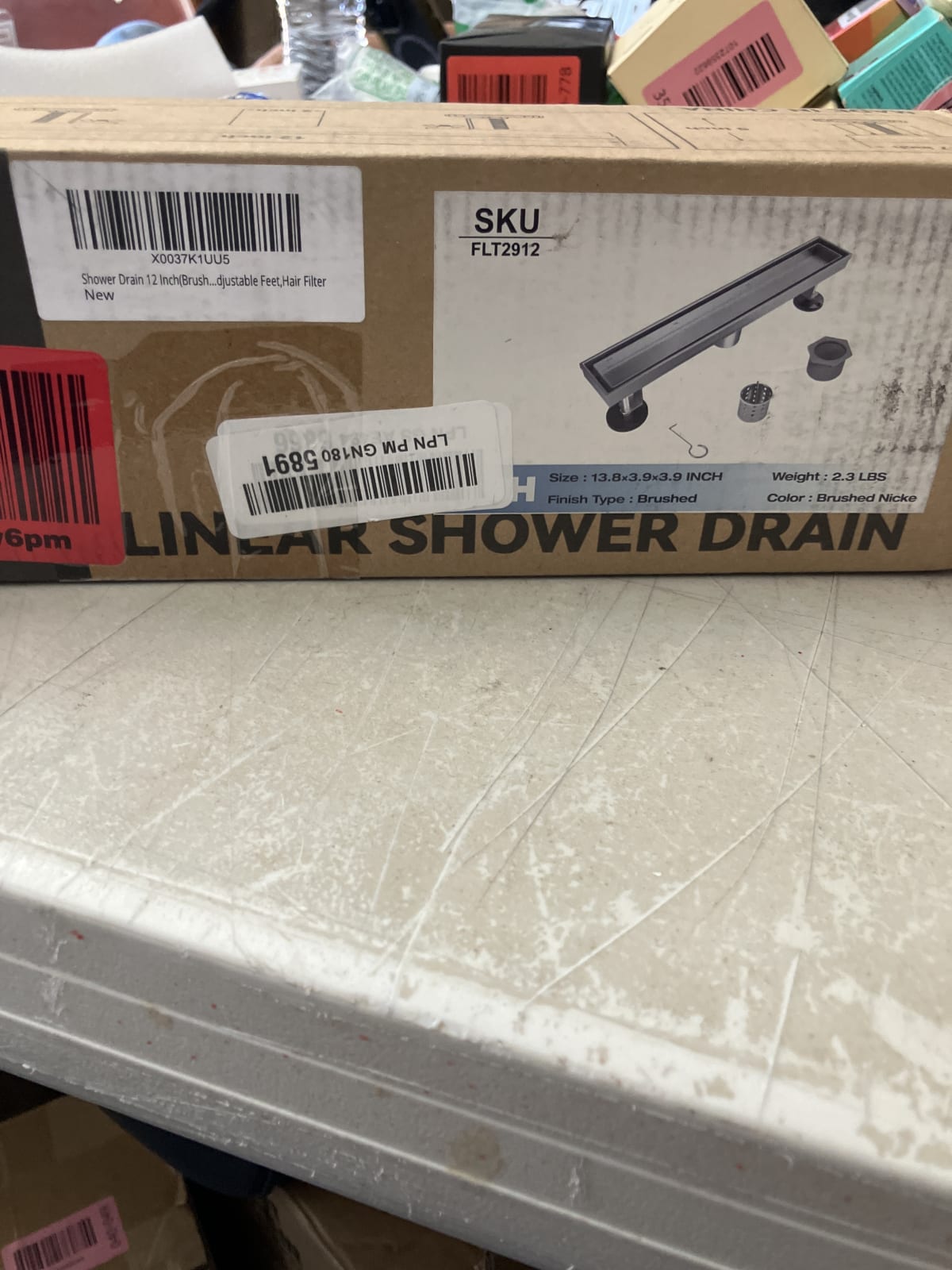 Brushed Nickel Linear Shower Drain 12 Inch Adjustable Feet