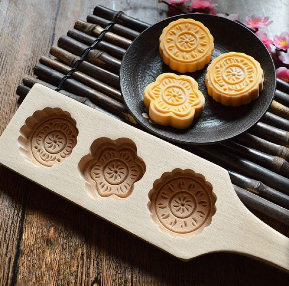 Decorative Wooden Cookie Mold - 3 Flower Design