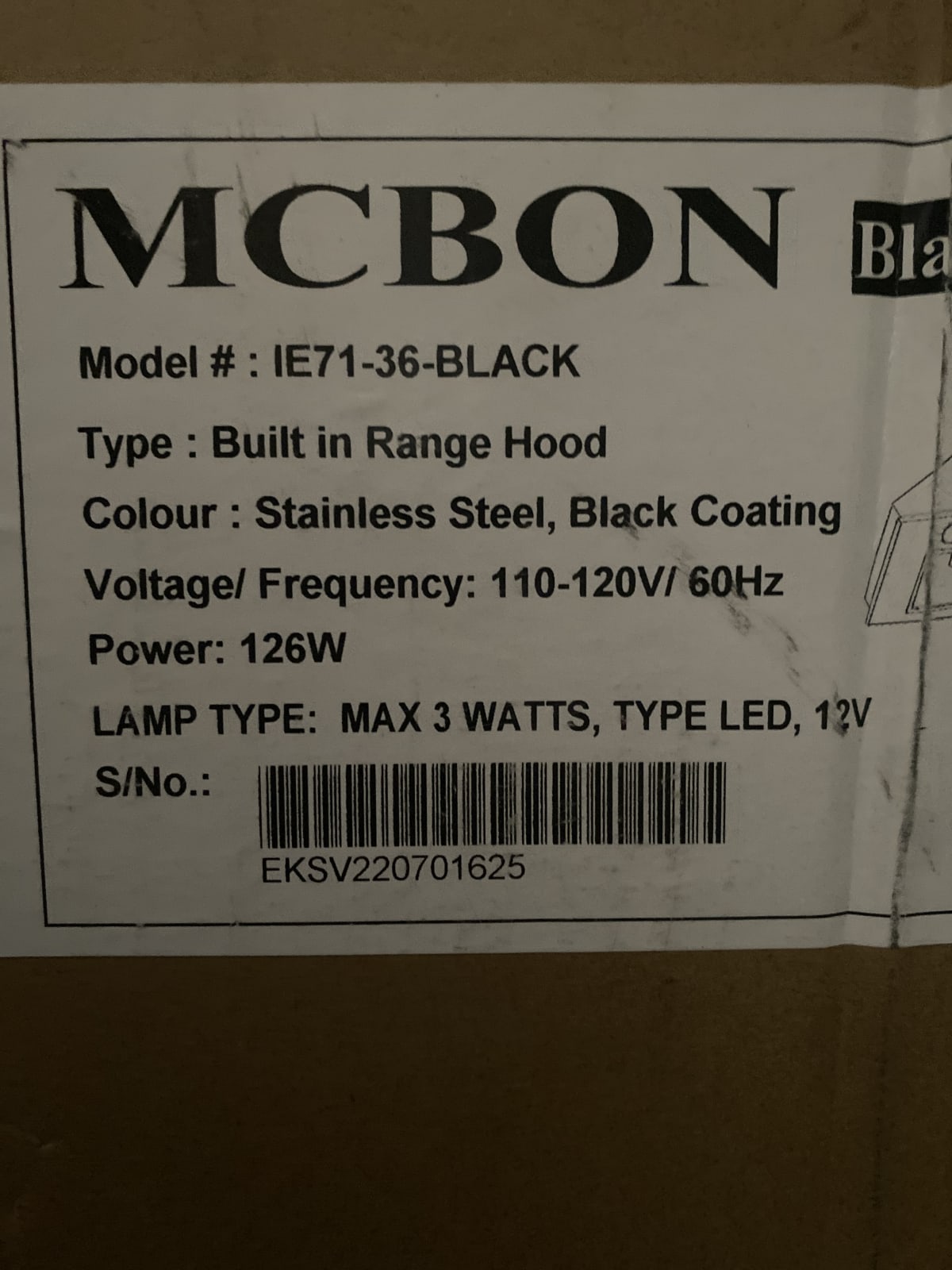 MCBON Built-In Range Hood IE71-36-BLACK - Stainless Steel, Black Coating