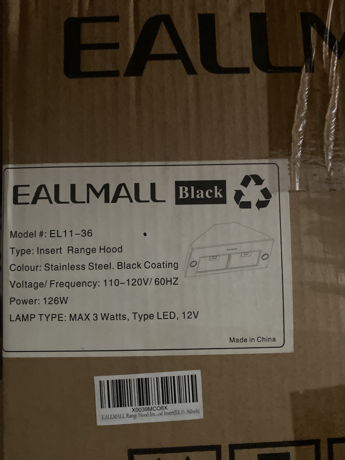EALLMALL EL11-36 Black Insert Range Hood - Stainless Steel