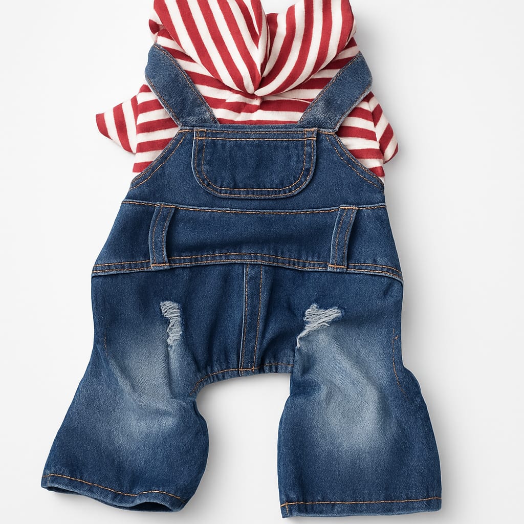 Adorable Striped dog Hoodie and Denim Overalls Outfit for Pets